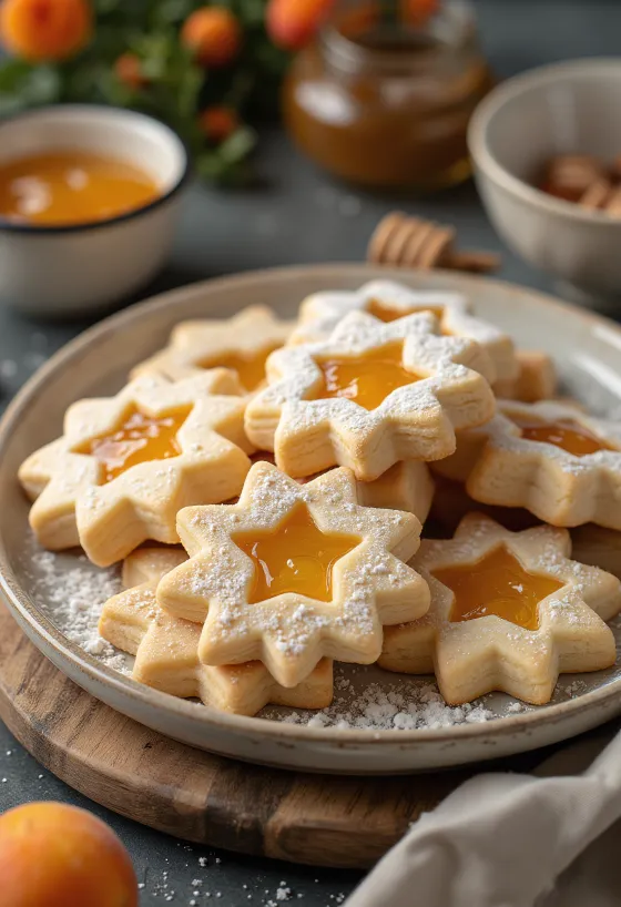 Linzer de miel espolvoreado con azúcar glass, relleno de mermelada