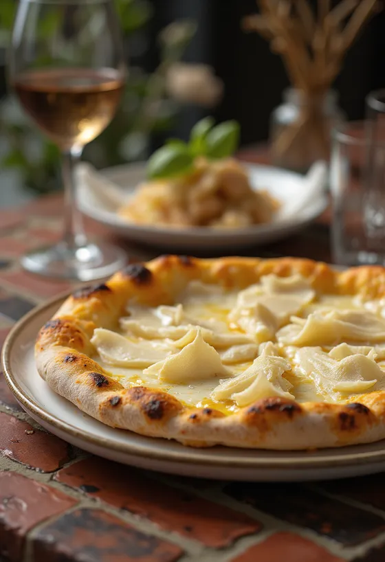 Pizza al Tartufo Bianco con trufa blanca y quesos