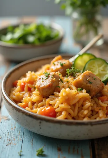 Arroz con carne preparado ricamente con jugosa carne de cerdo y verduras.