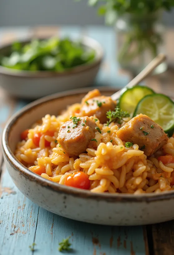 Arroz con carne preparado ricamente con jugosa carne de cerdo y verduras.