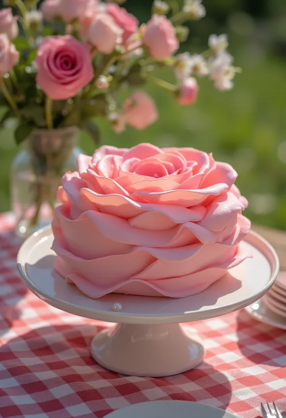 Pastel en forma de rosa con decoración de fondant rosa y verde