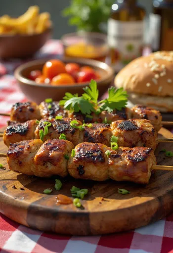 Kebabs de carne de camello servidos con ensalada fresca y pan pita.