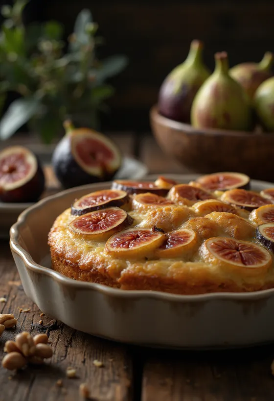 Pastel de higo y nuez servido