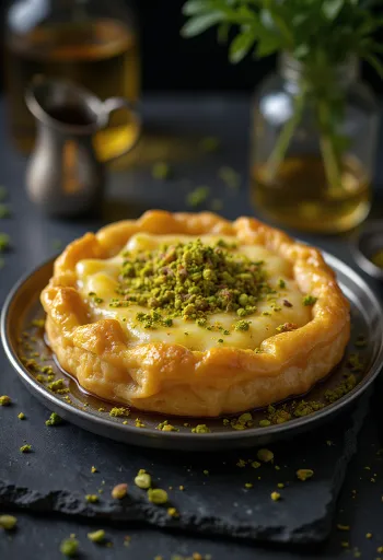 Knafeh con pistache, pasta crujiente y relleno de queso, decorado con pistache fresco