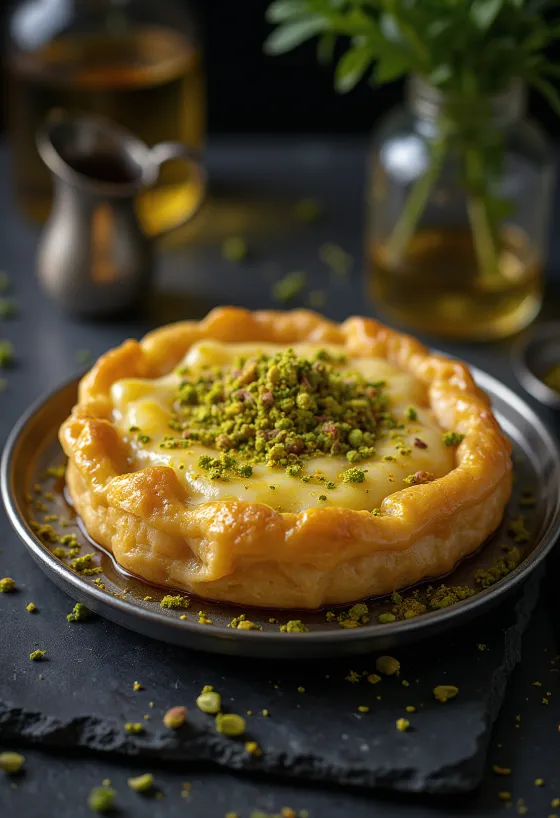 Knafeh con pistache, pasta crujiente y relleno de queso, decorado con pistache fresco