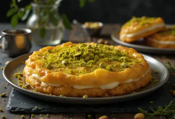 Knafeh con pistache, pasta crujiente y relleno de queso, decorado con pistache fresco