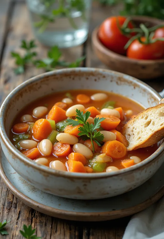 Minestrone con alubias blancas, servido fresco