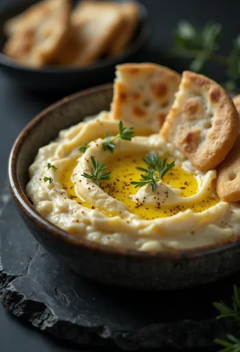Crema de berenjena con pan pita y perejil fresco