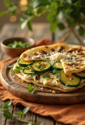 Piadina con crema de albahaca y calabacita asada servida