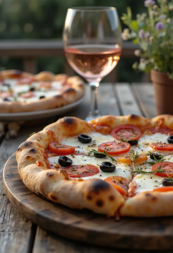 Pizza Provençale con tomate, aceitunas negras y hierbas de Provenza