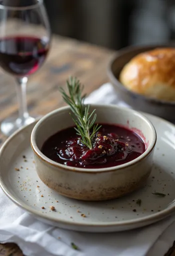 Salsa de vino tinto con jengibre y romero servida