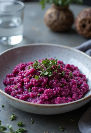Risotto vegano de betabel servido