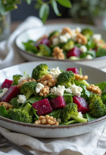 Ensalada de betabel y brócoli con aderezo de nuez