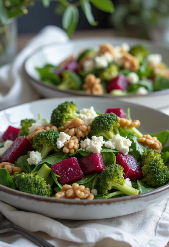 Ensalada de betabel y brócoli con aderezo de nuez