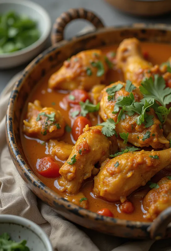 Curry Balti de pollo servido con pan naan y arroz basmati.