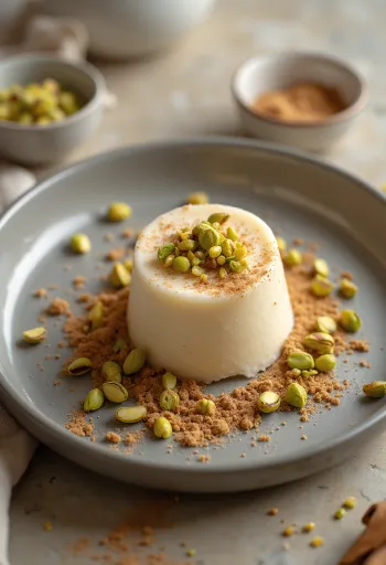 Kulfi de canela, consistencia rica y cremosa, espolvoreado con pistaches