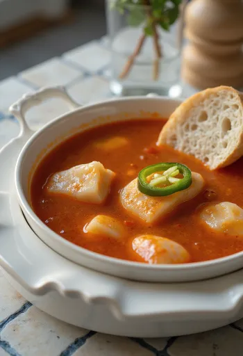 Sopa de pescado de carpa fresca, servida con caldo rojo de páprika y chile picante
