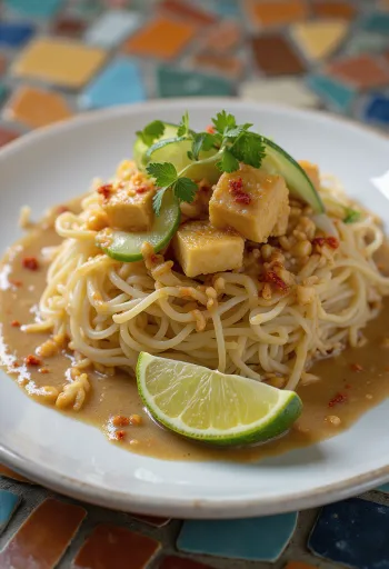 Ketoprak con tofu y fideos de arroz, servido con verduras coloridas y bañado en salsa de cacahuate