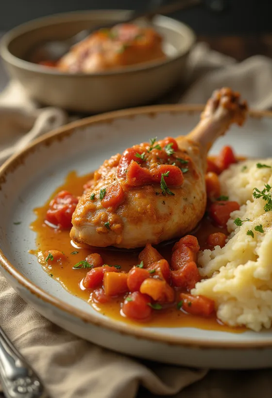 Muslos de pollo en salsa lecsó con puré de papa