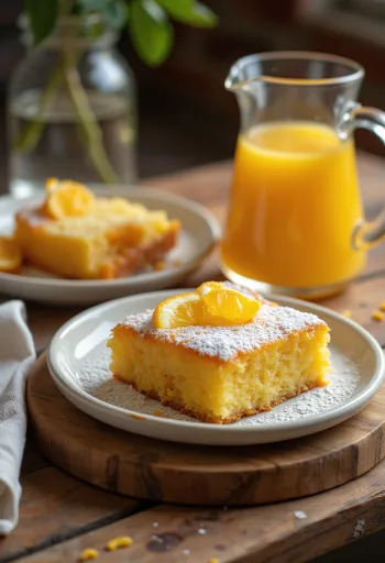 Pastel de miel y naranja servido