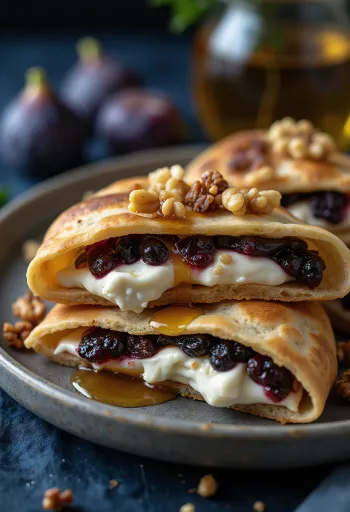 Piadina con mascarpone, nuez y mermelada de higo servida