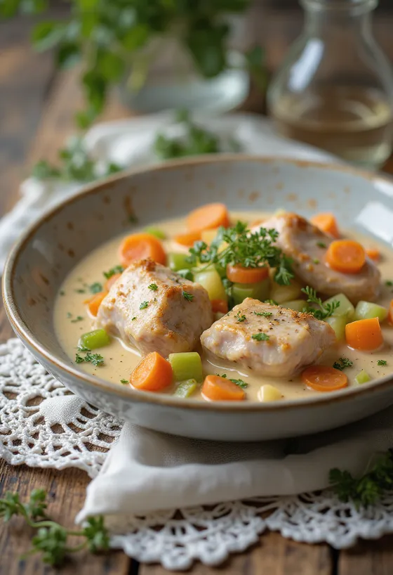 Fricasé de conejo servido con salsa cremosa y decorado con perejil fresco