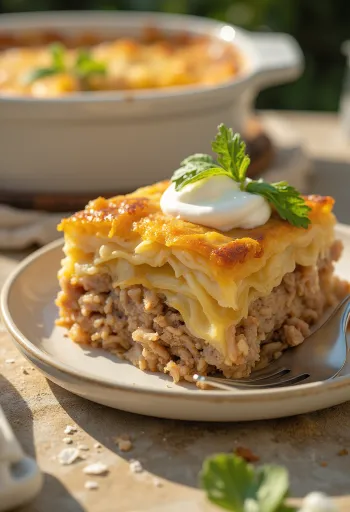 Cazuela de capas de col, arroz y carne con topping de crema dorada