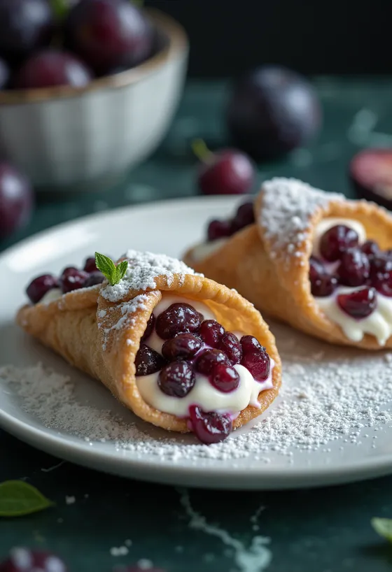 Cannoli de ciruela al ron servido