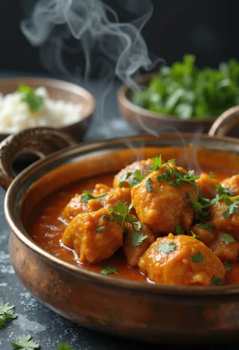 Estofado de pollo tandoori servido con cilantro y pan naan