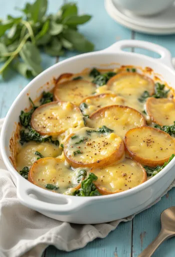 Cazuela de espinacas y papa vegana servida