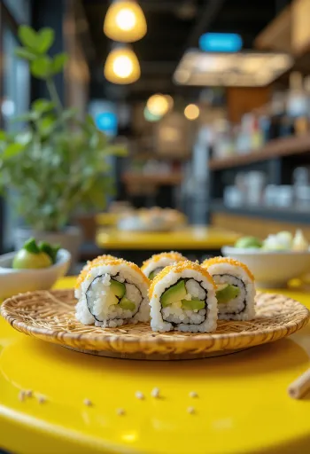 Rollos de sushi vegano con nori, aguacate y decorados con ajonjolí