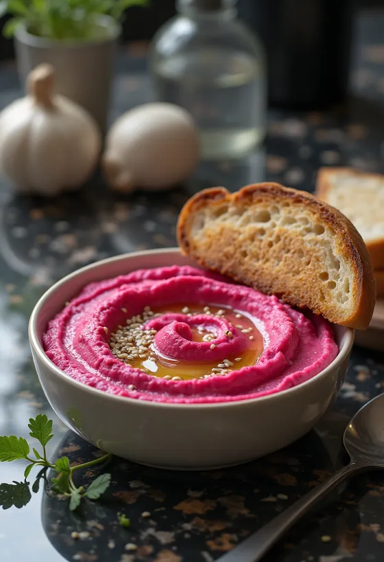 Hummus de betabel servido con pan tostado