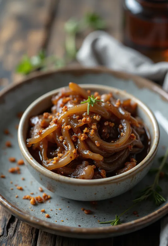 Salsa de cebolla caramelizada con chile en un tazón, decorada con chile fresco.