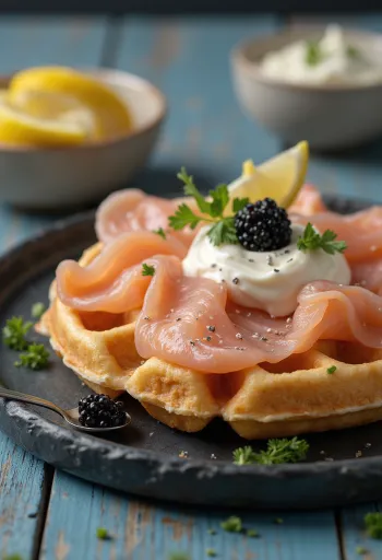 Waffles de salmón ahumado con caviar servidos