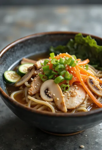 Gomoku udon servido en tazón, fideos udon con pollo y verduras en caldo de soya