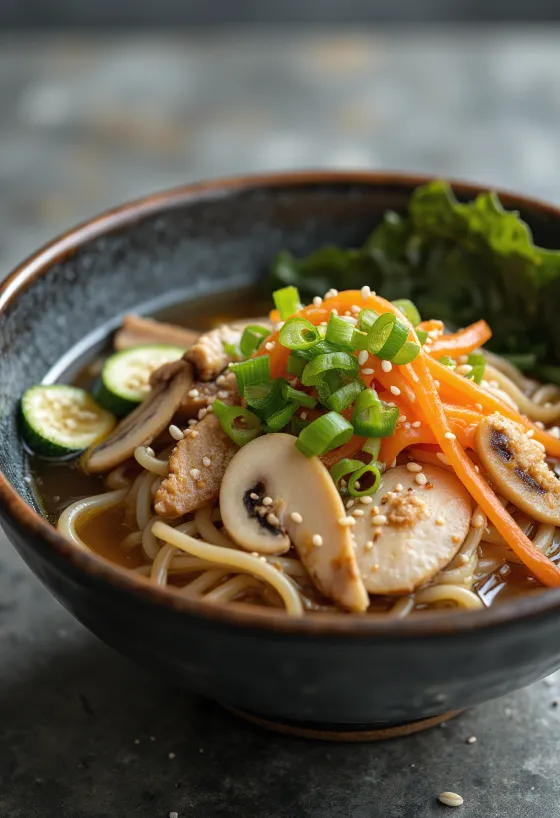 Gomoku udon servido en tazón, fideos udon con pollo y verduras en caldo de soya