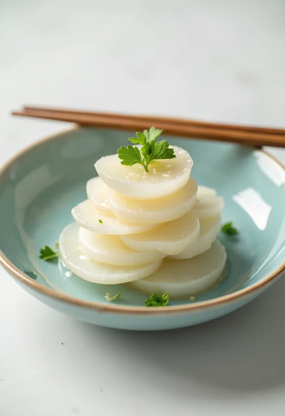 Kabu-zuke servido, rábano japonés y daikon marinados, decorados con cilantro