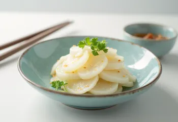 Kabu-zuke servido, rábano japonés y daikon marinados, decorados con cilantro