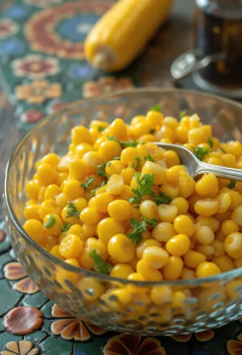 Ensalada de elote colorida con pimiento, pepino y aderezo de limón