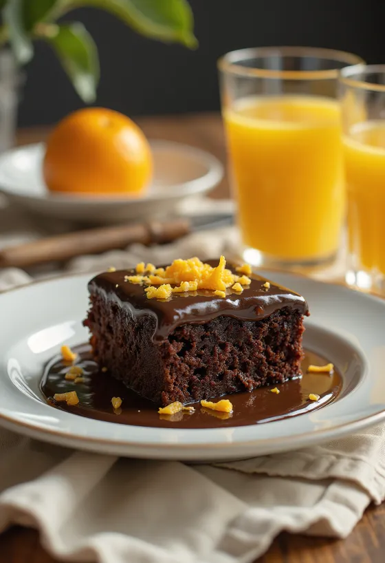 Pastel de chocolate y naranja servido elegantemente