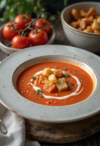 Cremosa sopa de jitomate con albahaca fresca