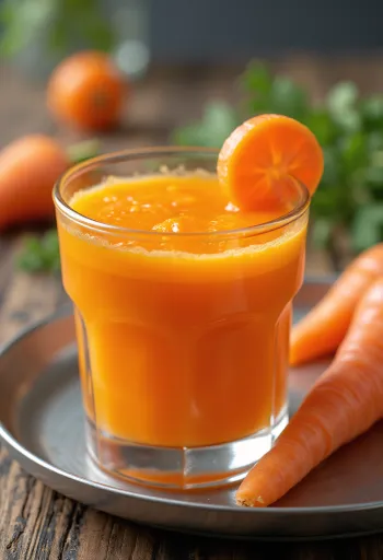 Jugo de zanahoria en vaso alto, decorado con zanahoria fresca y frutas