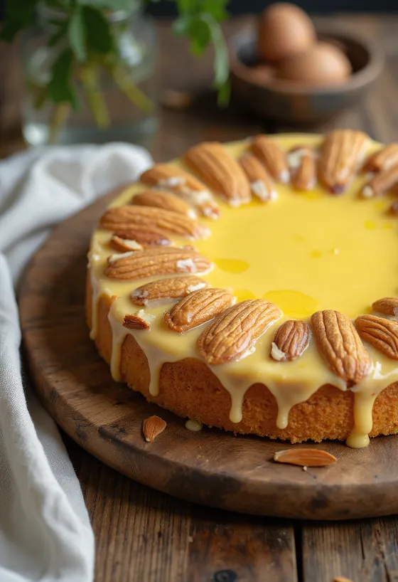 Pastel sueco de almendras con base de almendra y crema de vainilla