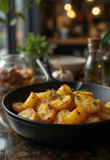 Papas al horno doradas y crujientes con hierbas frescas.
