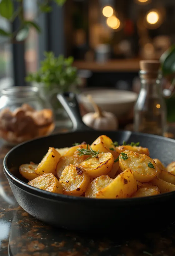 Papas al horno doradas y crujientes con hierbas frescas.
