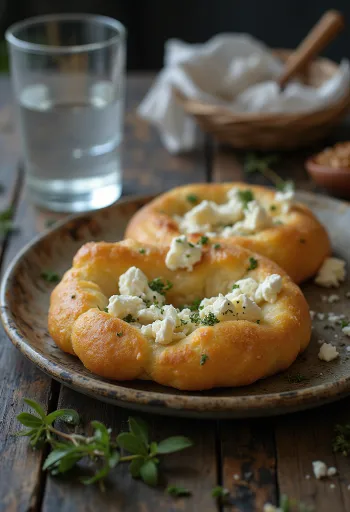 Tiganopsomo con feta y perejil, servido con pan fresco y queso feta crujiente.