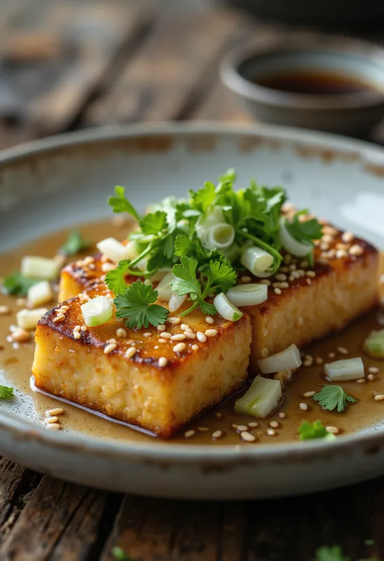 Filete de tofu con ajonjolí y decorado con cilantro fresco