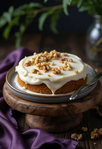 Pastel de zanahoria vegano servido con crema de nuez de la India