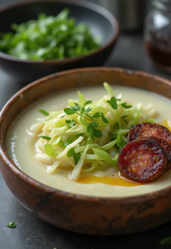 Caldo verde con papa, servido con chorizo