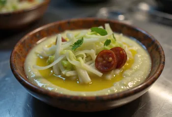 Caldo verde con papa, servido con chorizo